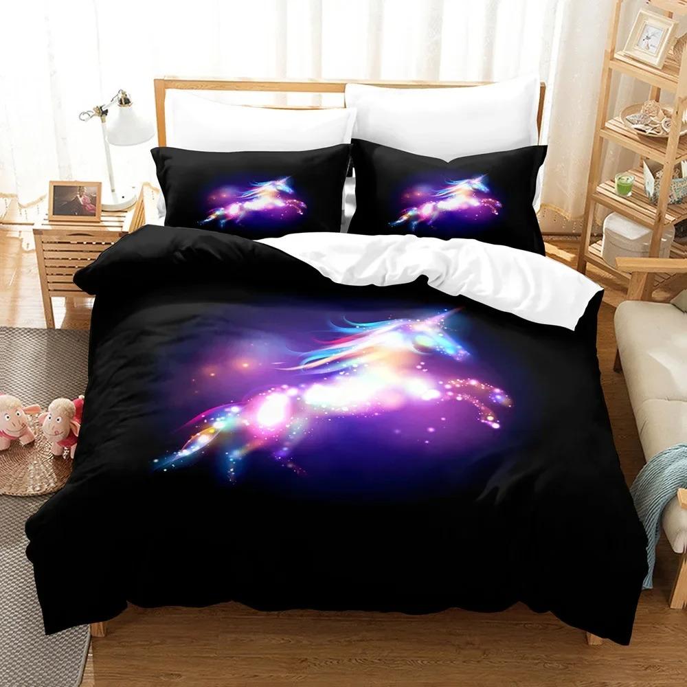 Комплект постельного белья с рисунком единорога из мультфильма King Queen Size, милый розовый, синий, сказочные животные, комплект постельного белья из полиэстера для девочек и детей
