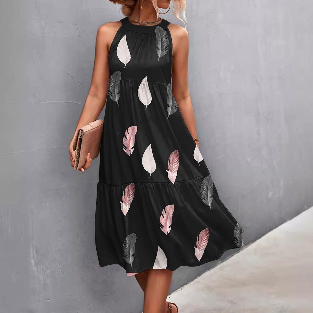Women's Summer Sleeveless Solid Color Printed Loose Splicing Casual Hanging Neck Beach Dresses