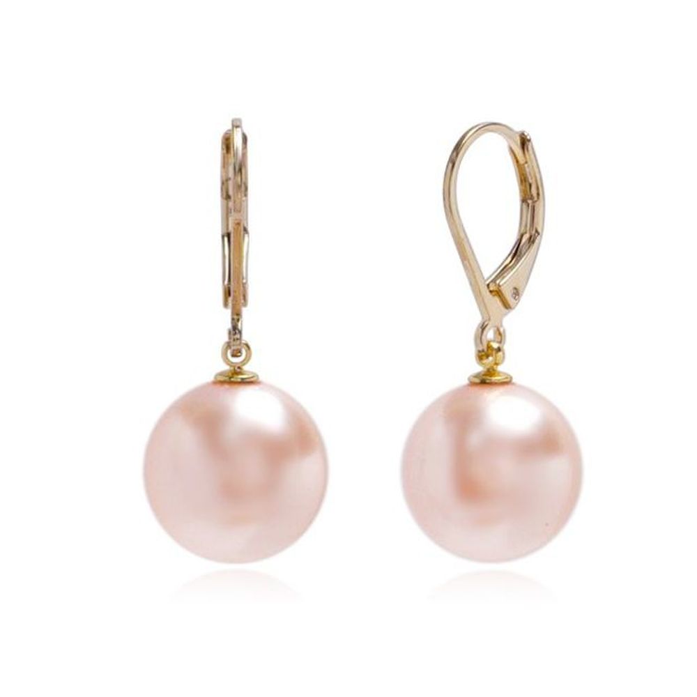 E456 12mm Peach Pearl Austrian Gold Leverback Earrings
