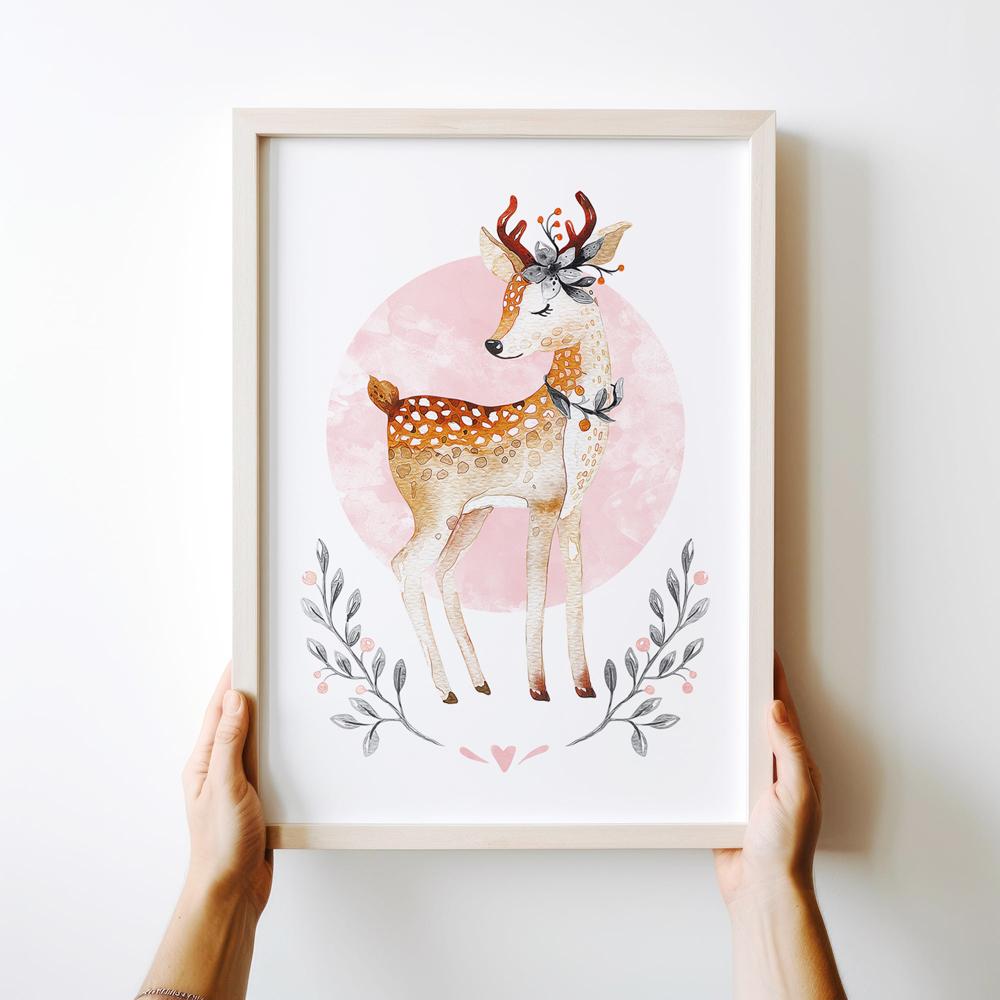 Плакат олень розовый постеры