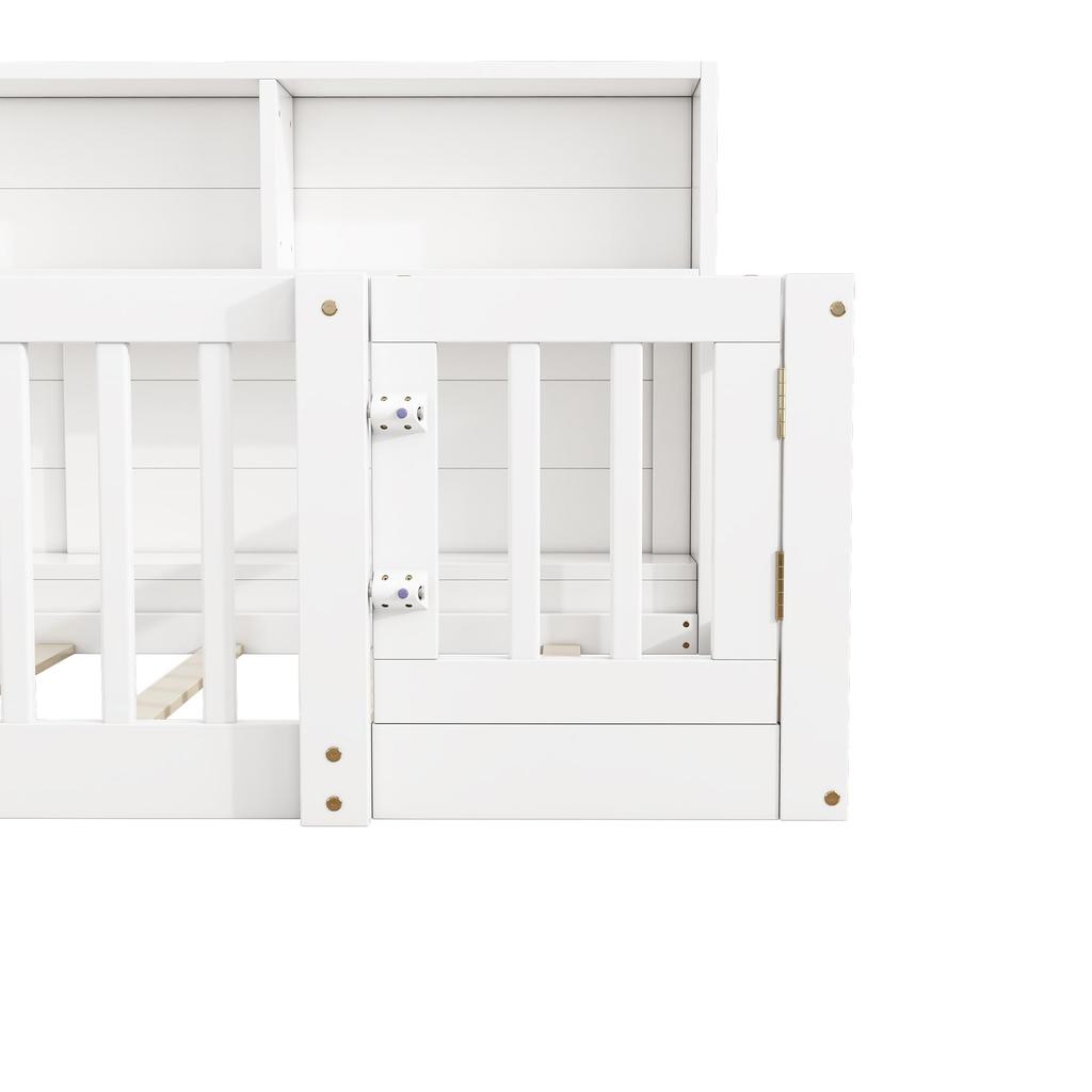 Kinderbett 90x200 Bodenbett Staufach Brüstung Türen Funktionsbett Holzbett Lattenrost Tagesbett Jugendbett Kiefernholz ohne Matratze weiß