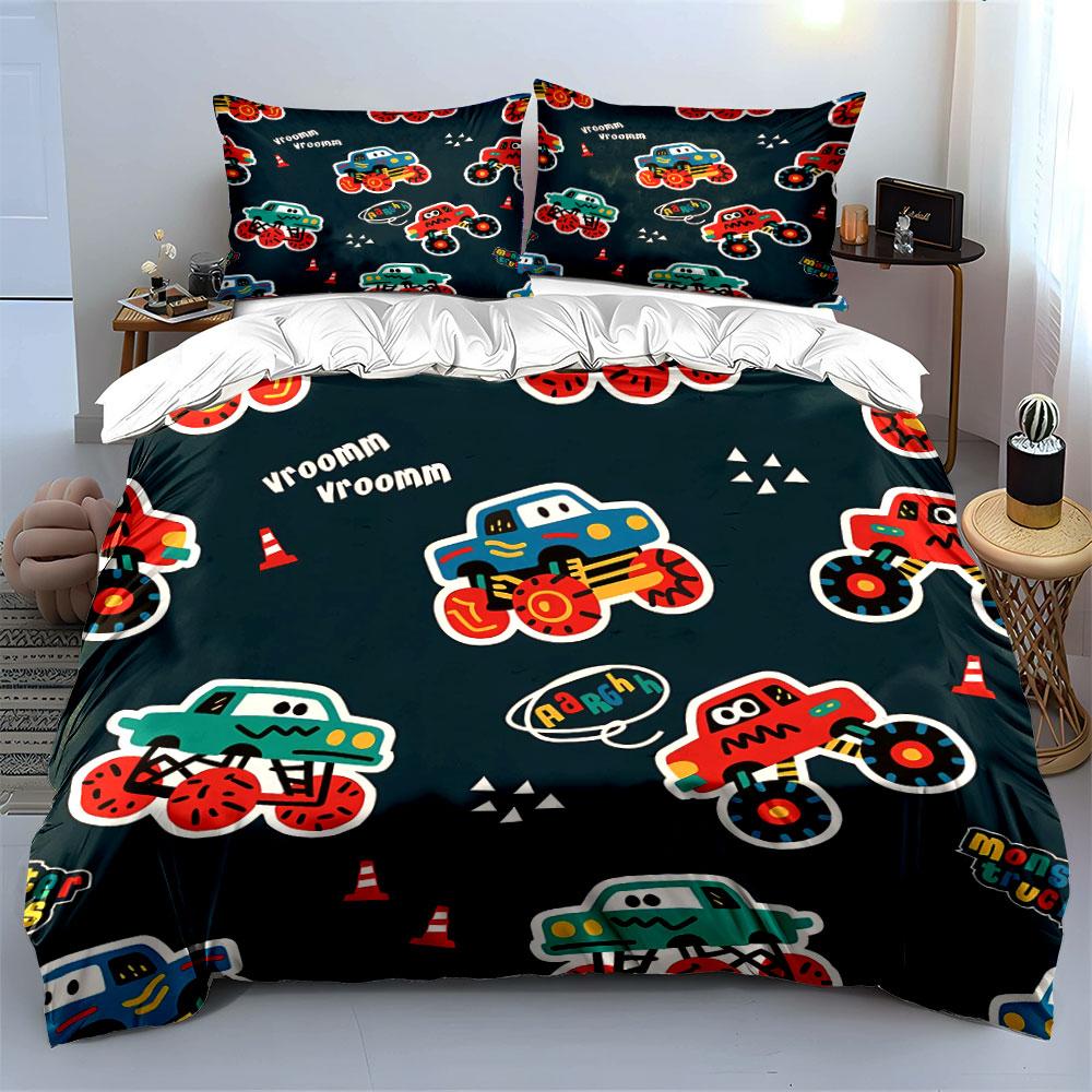 Monster Trucks Cartoon Pattern Bedding Duvet Cover Set Duvet Cover Pillowcases (1*Duvet Cover 2*Pillowcases, without duvet insert)