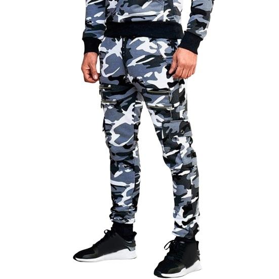 Men Cargo Pants Drawstring Elastic Waist Camouflage Print Multi Zippered Pockets Ankle-banded Slim Fit Casual Daily Wear