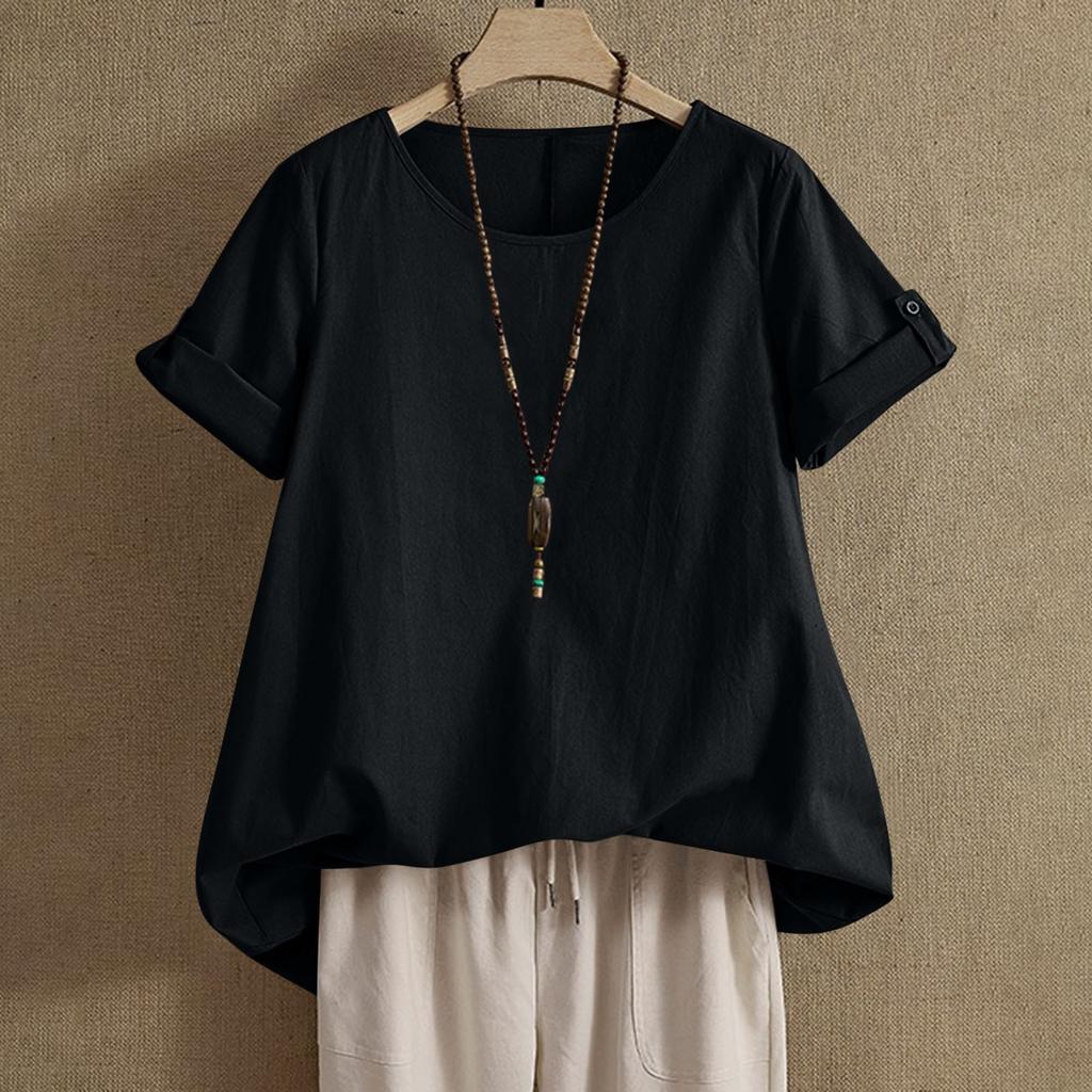 Womens Shirt Round Neck Short Sleeve Blouse Tops Fashion Solid Color Loose Casual Summer Tops