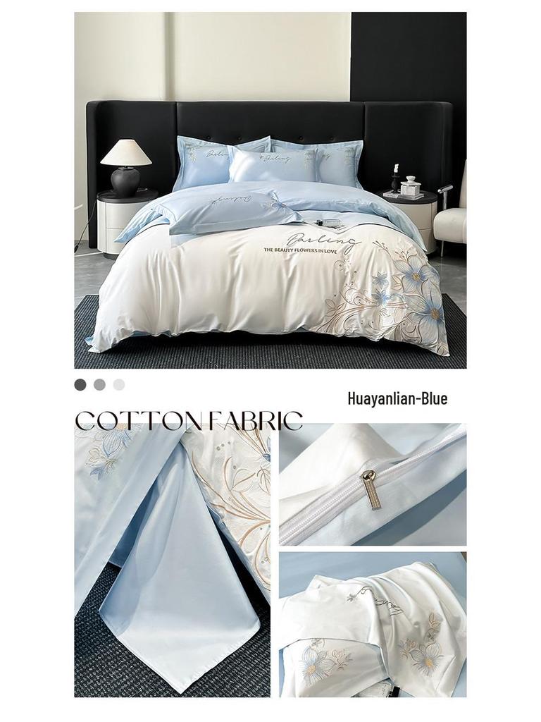 Luxury Embroidered All-Cotton Four-Piece Duvet Cover Set for All Seasons