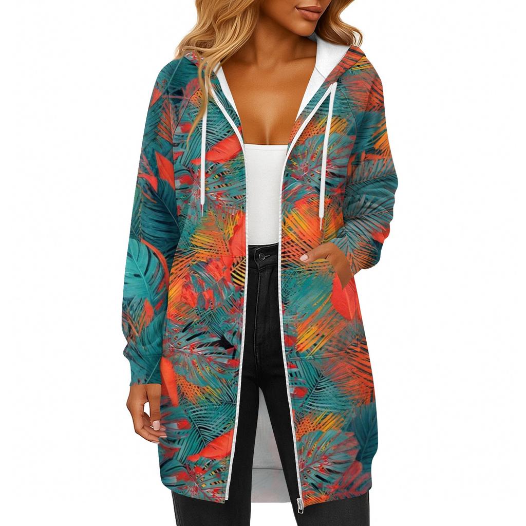 Women's Fashionable Printed Long Sleeved Drawstring Hooded Zipper Pocket Long Casual Sweatshirt Jacket