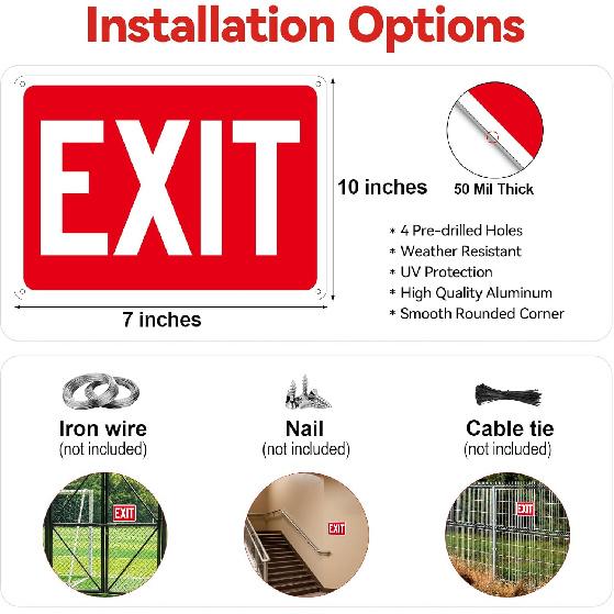 (2 Pack) Exit Signs, Aluminum Exit Sign with Red Background, Exit Signs for Door and Wall Mount - High Visibility Reflective Safety Sign, Easy to