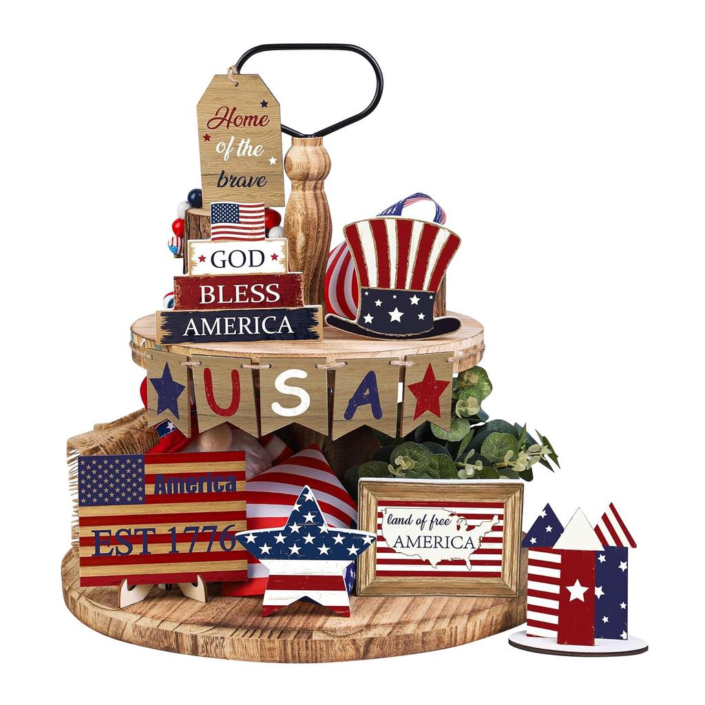 12PC Layered Tray Decoration Patriotic Layered Tray Decoration Patriotic Wooden Signs