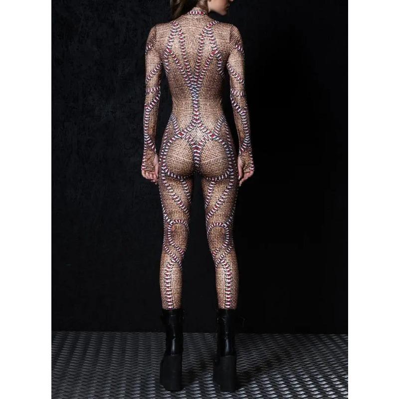 Женский Хэллоуин Комбинезон с длинным рукавом с цифровым принтом, облегающий боди, костюм для косплея