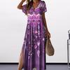 Women Summer Dress V Neck Colorful Print Side Split Loose A-line Short Sleeves Ankle Length Retro Ethnic Style Soft Beach Vacation Maxi Dress