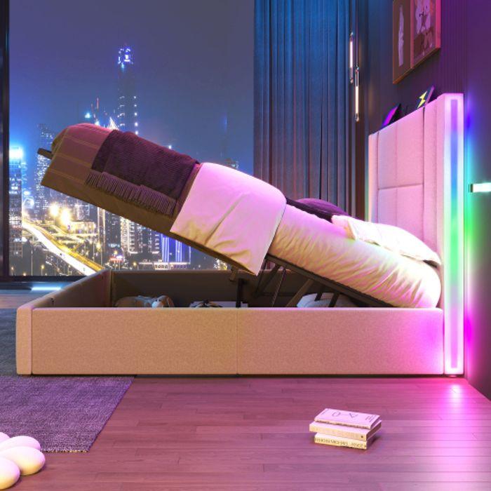 Lit rembourré - MUVOE - 160x200 - USB Type C - Éclairage LED - Beige