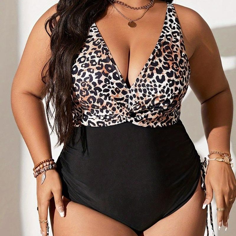 New Plus Size Swimsuit Women's Leopard Print Multi-color One-piece Slim Backless Drawstring Bikini