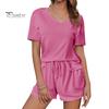 Женский летний комплект из 2 предметов: футболка с коротким рукавом и V-образным вырезом, эластичные шорты на талии, однотонный свободный покрой, повседневный наряд