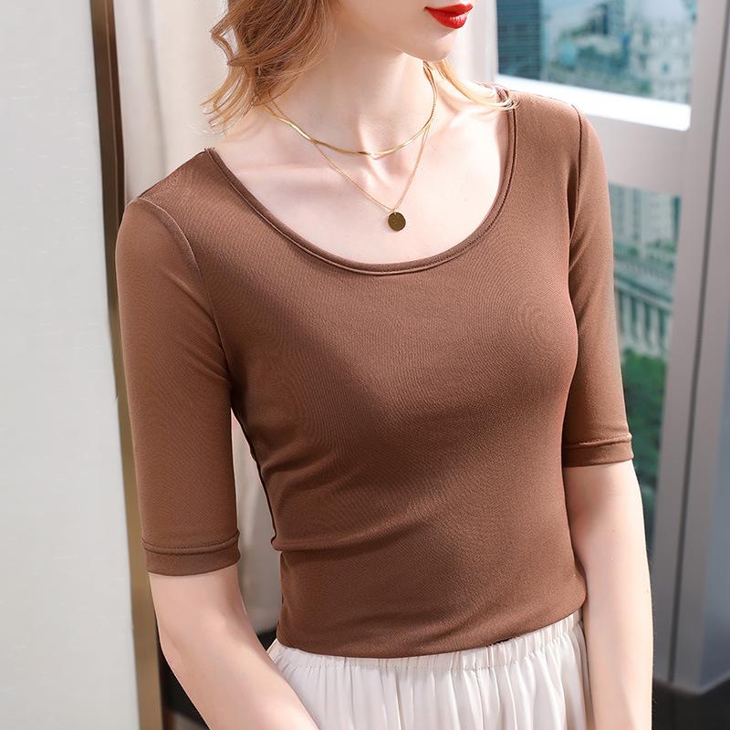 Женская новая женская одежда с большим круглым вырезом, сетчатая футболка, однотонный топ