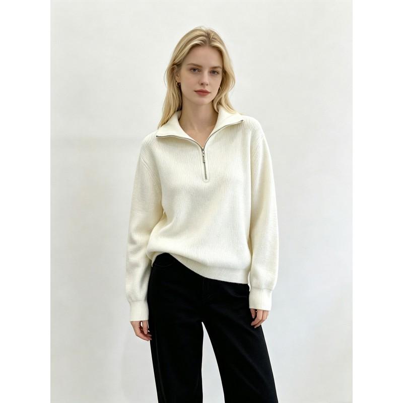 Womens Loose Fit Half-Zip Knit Sweater Winter Casual Elegant Long Sleeve Pullover In Solid Colors