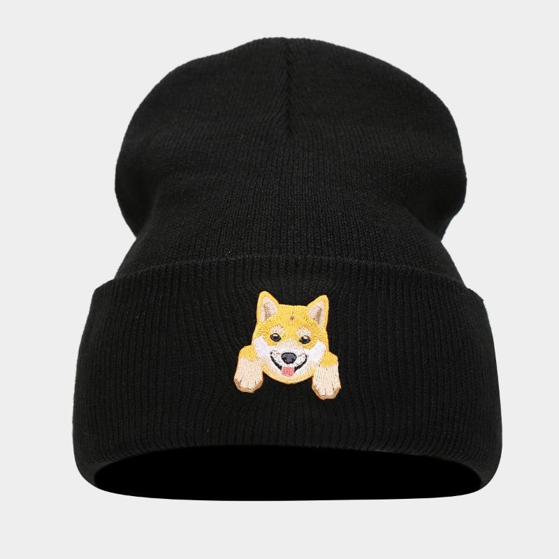 Cute Puppy Head Sticker Knitted Hat Autumn and Winter Street Fashion Crimped Pullover Black Hat