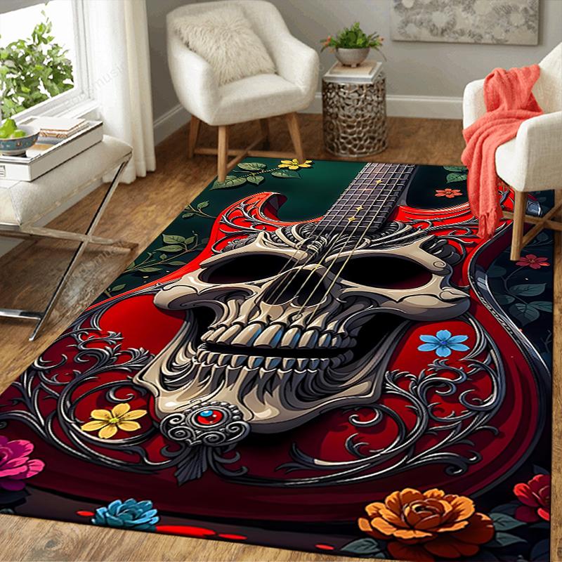 1Pc Skull Guitar Artwork Rug, Office Carpet Indoor Outdoor Doormat, Non-Slip, Comfortable, Living, Christmas Halloween, Xmas Gift G1181
