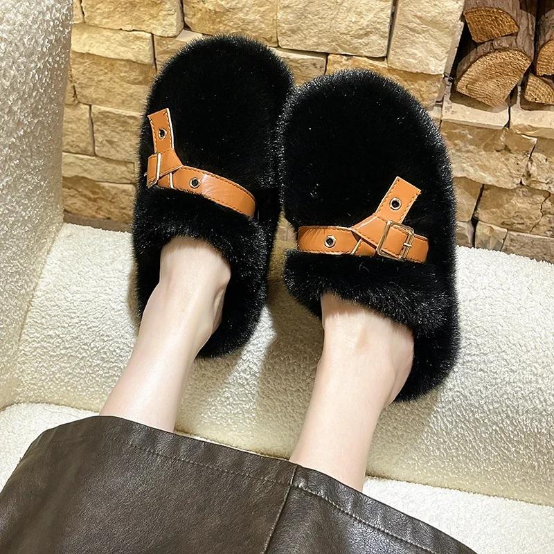 Fashion Slippers Women's Eyelet Buckled Fluffy Winter Slippers Winter Lady Thick Bottom Shoes Thick Flat Bottom Outerwear Plush Slippers