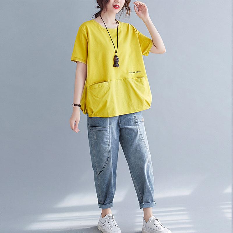 Dimanaf Лето 2023, женская футболка, хлопковая футболка с летучей мышью, модные лоскутные топы, футболки, рубашка-туника, свободные карманы, повседневные однотонные топы и футболки большого размера, желтые