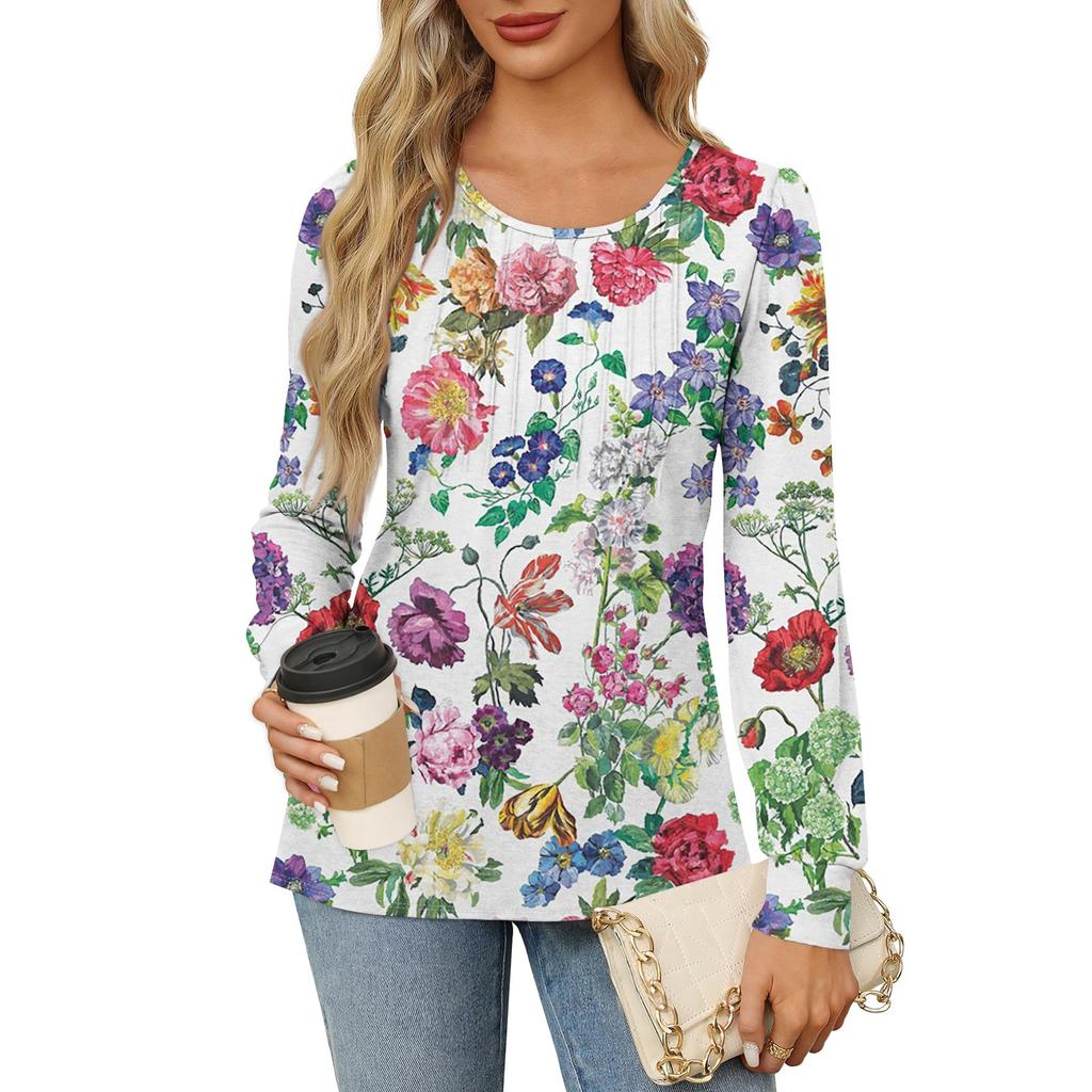 Рубашки с длинным рукавом для женщин, футболки с милым принтом и графикой, блузки, нарядные повседневные блузки, плиссированные топы-туники с овальным вырезом