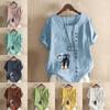 Women's New Fashion Linen Shirt Round Neck Short Sleeve Elephant Printed T-shirt Summer Ladies Casual Plus Size Blouse Tops