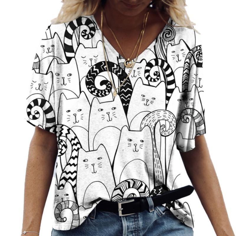 Женская футболка с забавным принтом кота Женская футболка Футболка свободного покроя Топ Летняя НОВАЯ повседневная женская одежда Дизайнерские топы с V-образным вырезом Футболки