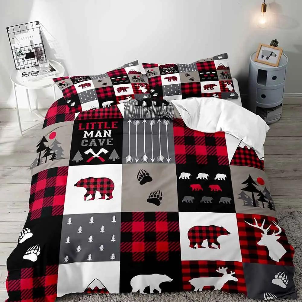 Набор постельного белья с пододеяльником Farmhouse Soft из мягкой ткани, Черный Медведь Олень Лось Лесные Животные Дикая Природа Коттедж Сельский Набор Постельного Белья King, Шалфейный Зеленый Коричневый Клетка