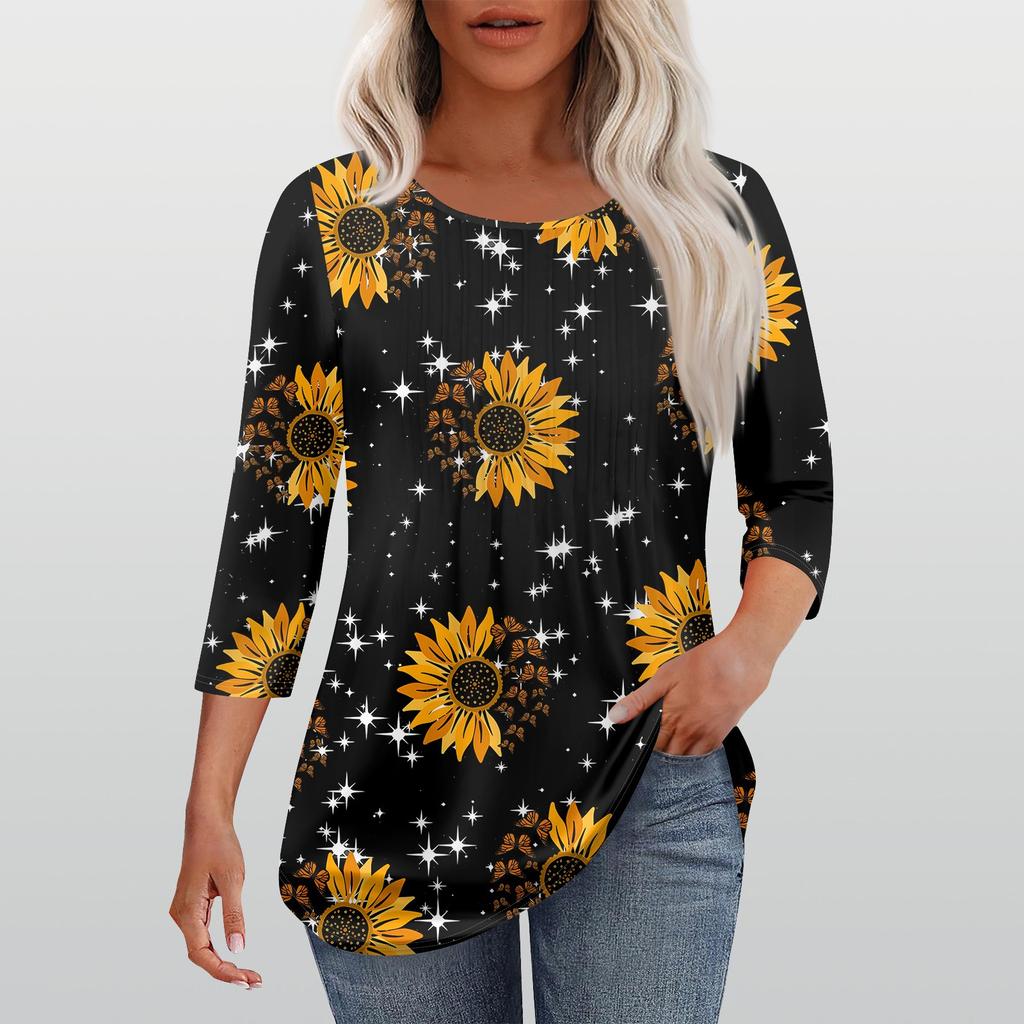 Рубашки с рукавом 3/4 для женщин, модные, повседневные, с круглым вырезом, с принтом, футболка, топ