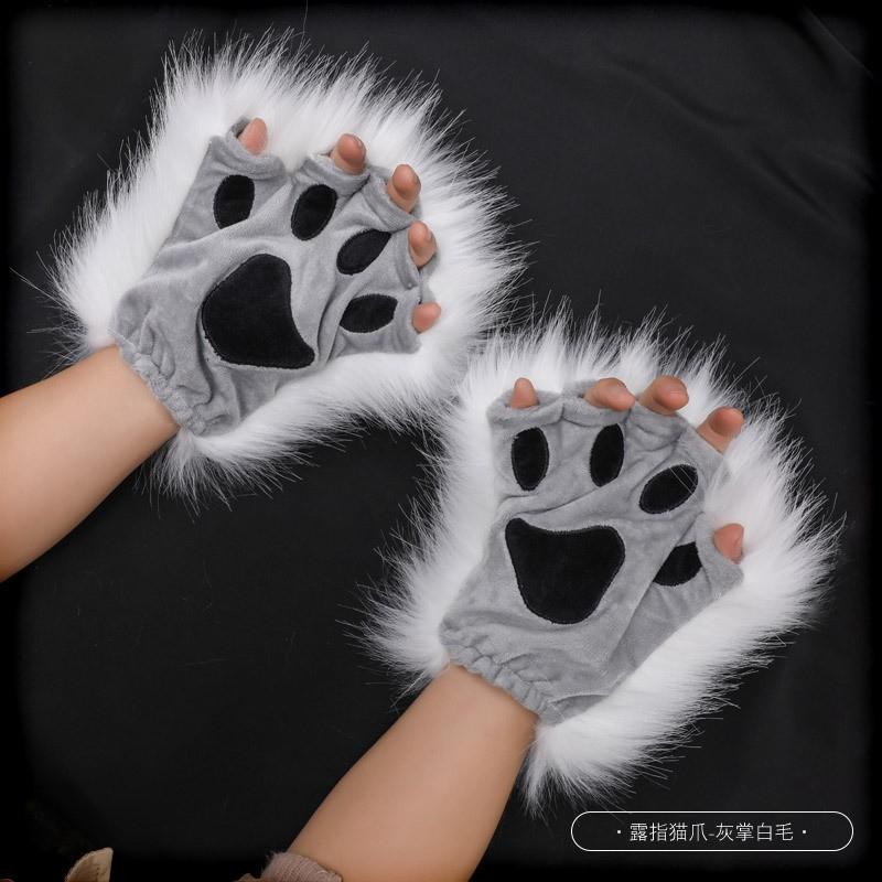 Plush Cat Ears Headband With Matching Tail Fingerless Paw Gloves Cosplay Set Anime Convention
