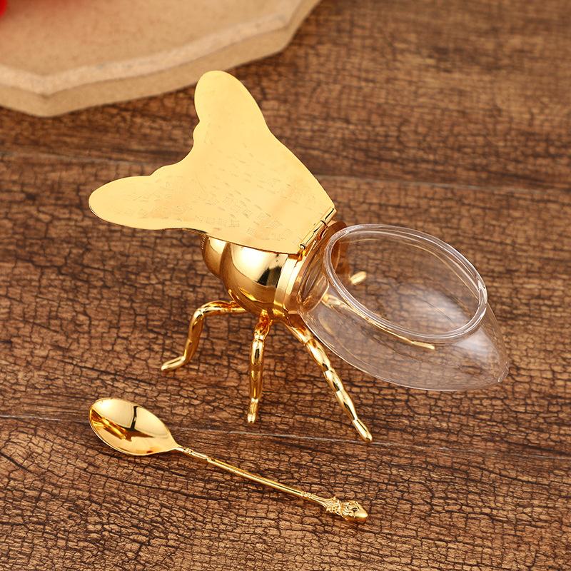 European Classical Style Bee Sugar Cup Atmospheric Golden Sugar Cup With Spoon High-grade Kitchen Seasoning Jar Metal Crafts