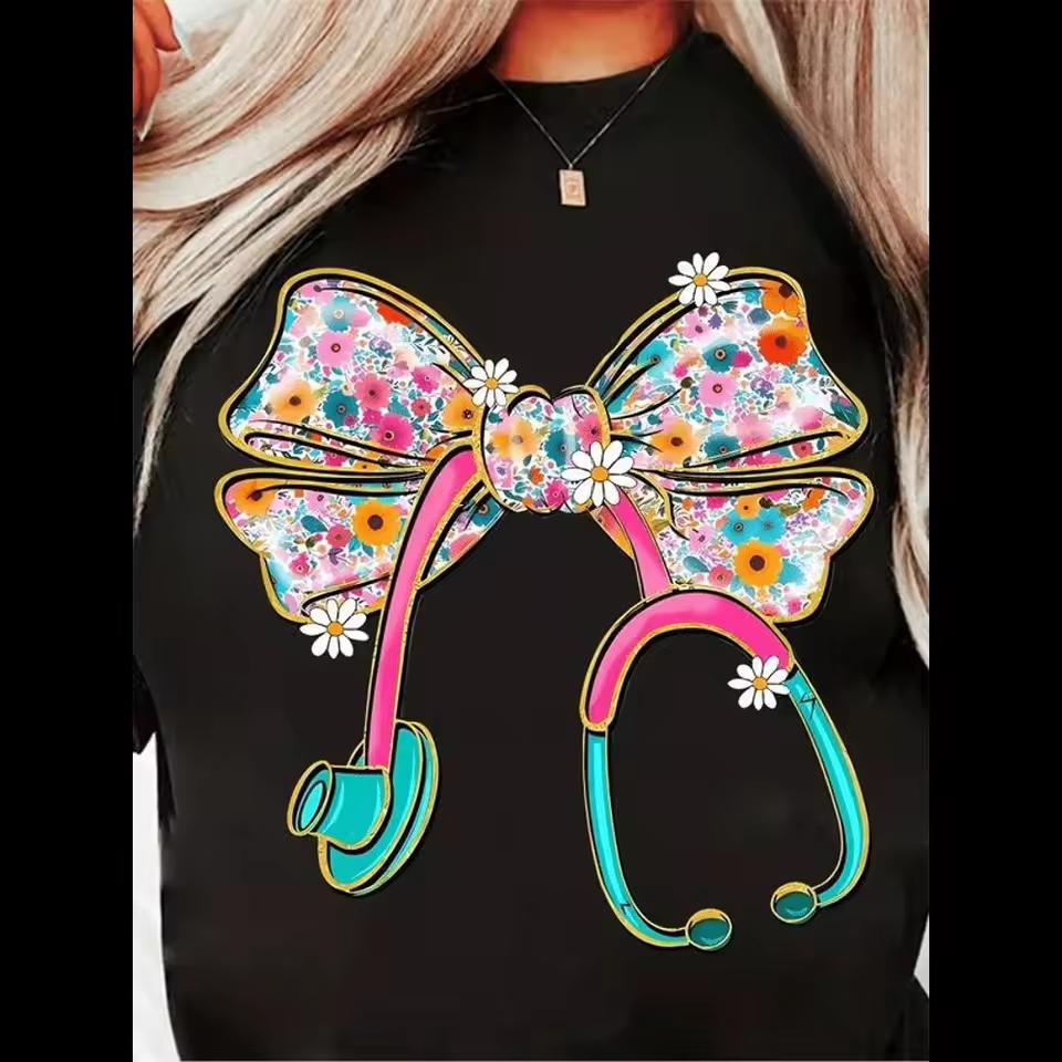 Women Floral Bowknot Print T‑Shirt Elegant Stretchy Nursing Scrub Top Short Sleeve Work Tee For Nurse Healthcare Worker Basic Top
