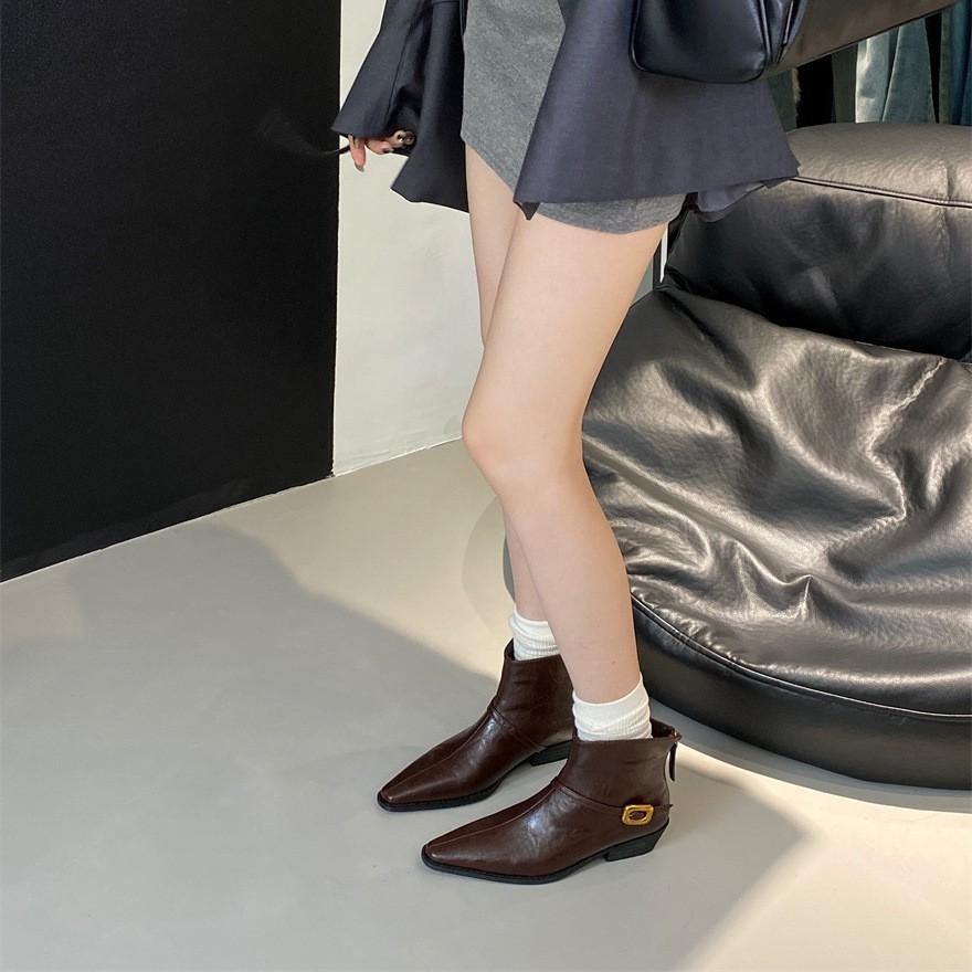 thick heel square head short boots women's boots large size 2025 autumn and winter new retro belt buckle versatile rear zipper fashion boots women