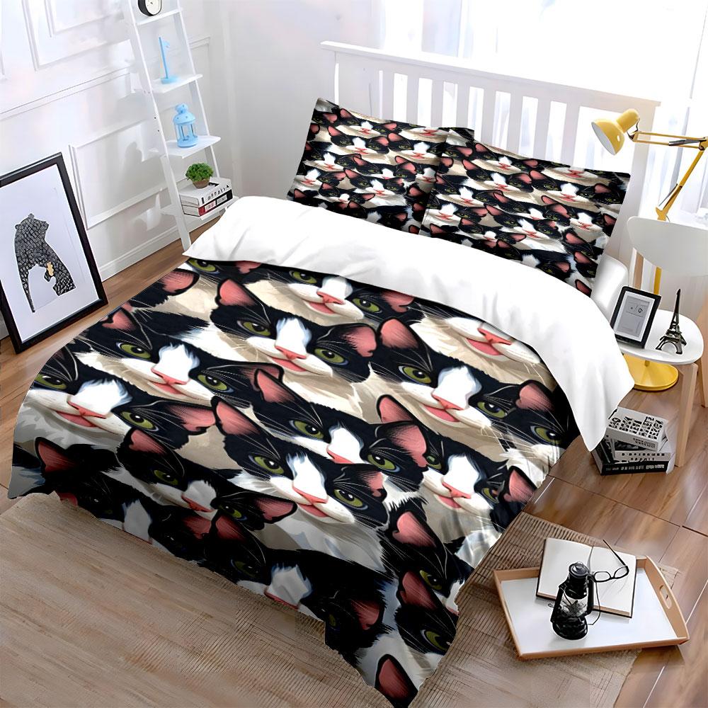 Black-and-white cat faces. Bedding sets Duvet cover sets Duvet covers Pillowcases(1 * Duvet Cover 2 * Pillowcases, without duvet insert)