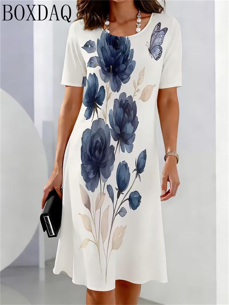 Fashionable and Elegant Summer Women's Round Neck Short Sleeved Flower Printed Loose A-Line Dress