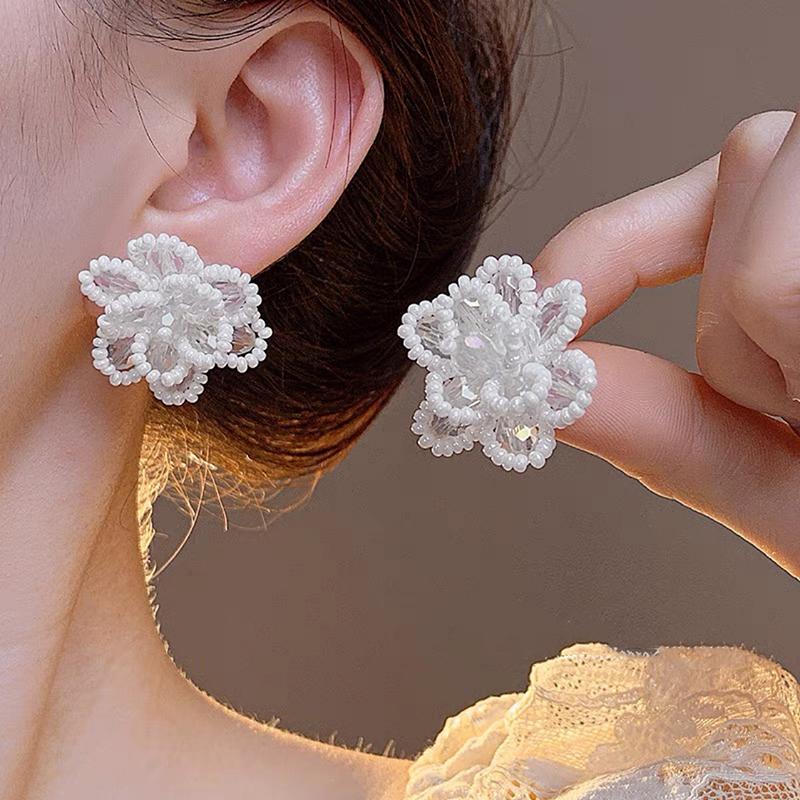 Zircon imitation pearl flower earrings new Y2K sweet high-end earrings French camellia light luxury unique temperament earrings