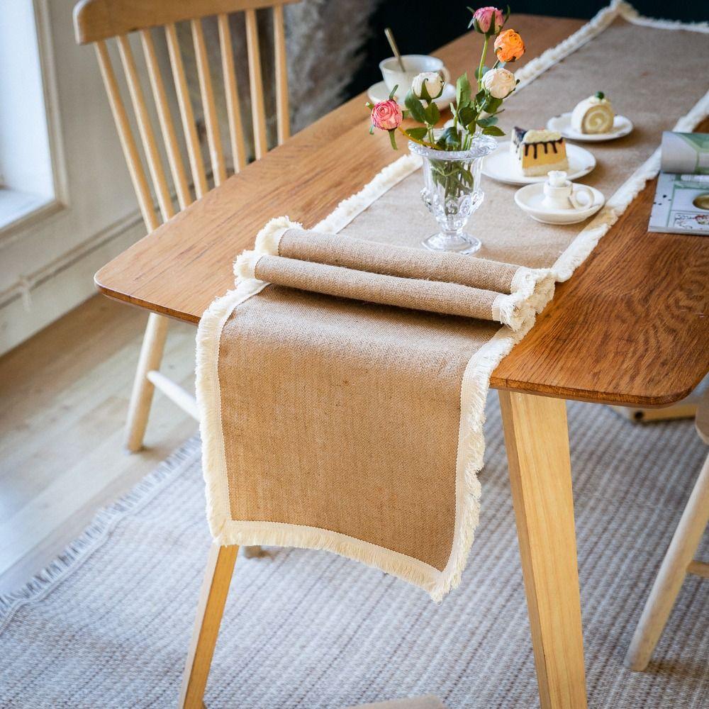 Джутовая скатерть-дорожка с кисточками, натуральные материалы, скатерть, настольный флаг, покрытие для стола, декор для стола