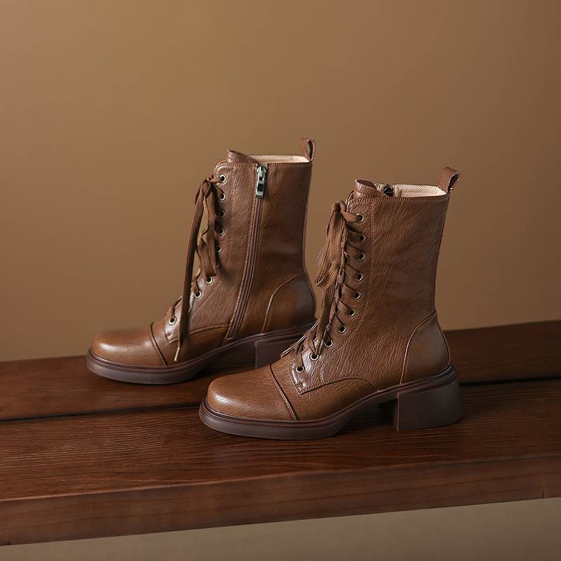 Krazing Pot Cow Skin Round Toe Thick Heels Motorcycle Boots Size 42 Lace Up Women Keep Warm Mid-calf Boots