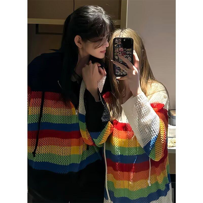 Dopamine Striped Knit Hooded Cardigan Loose Contrast Color Long Sleeve Top Men Women