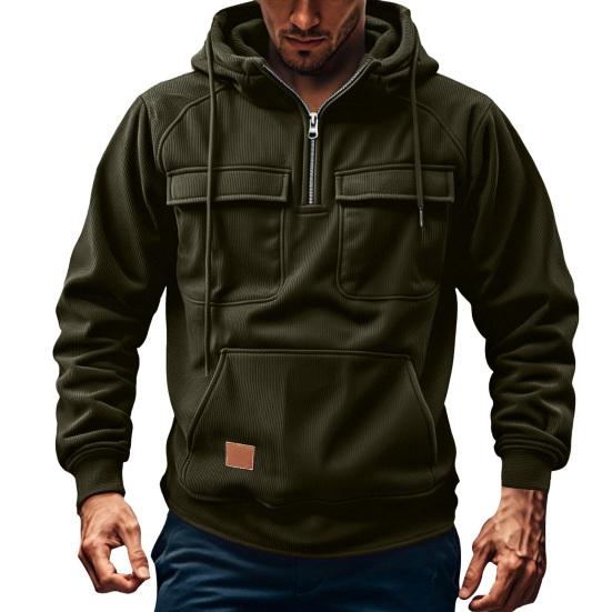 Men Hoodie Zipper Half Placket Hooded Drawstring Long Sleeve Sport Tops with Pockets Solid Color Multi-Pocket Design Warm Sweatshirt