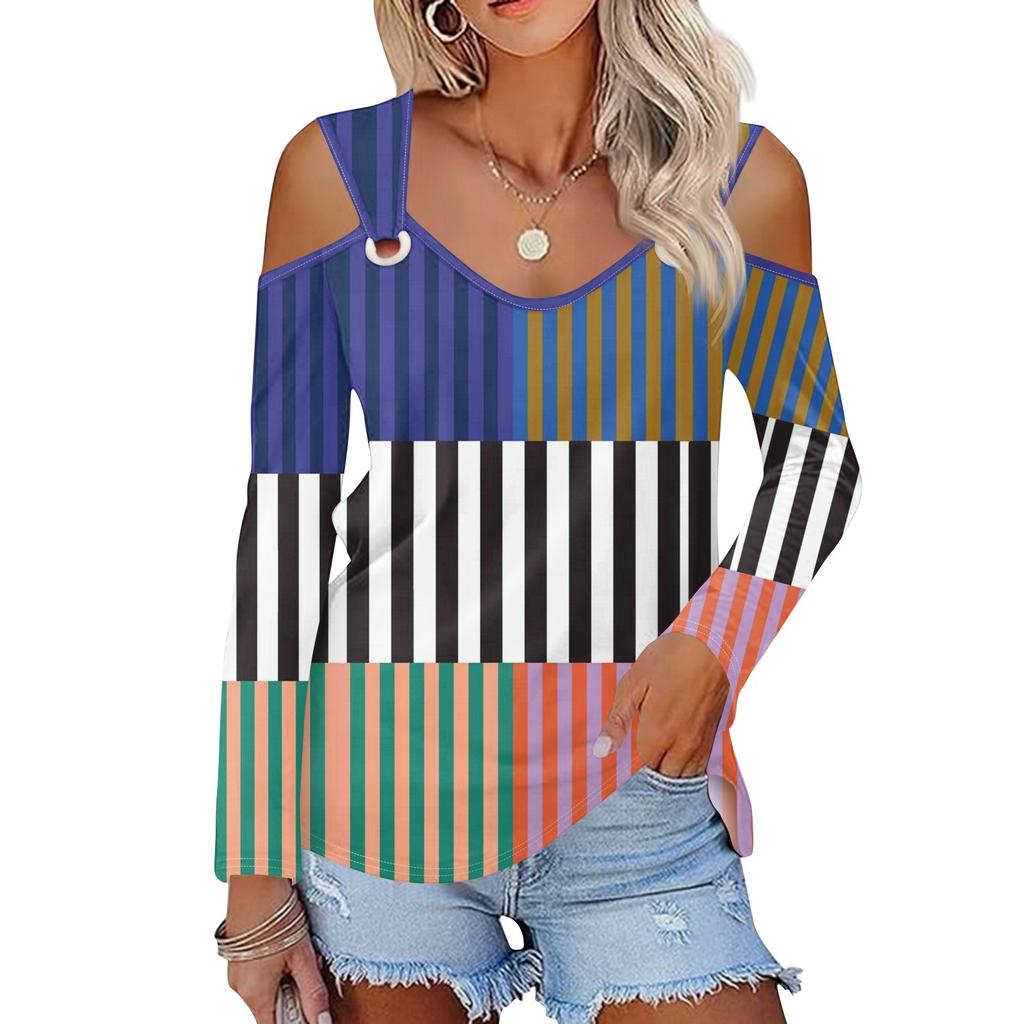 Women's Casual Shirt Blouse Print V-neck Sexy Cold Shoulder Long Sleeve Top