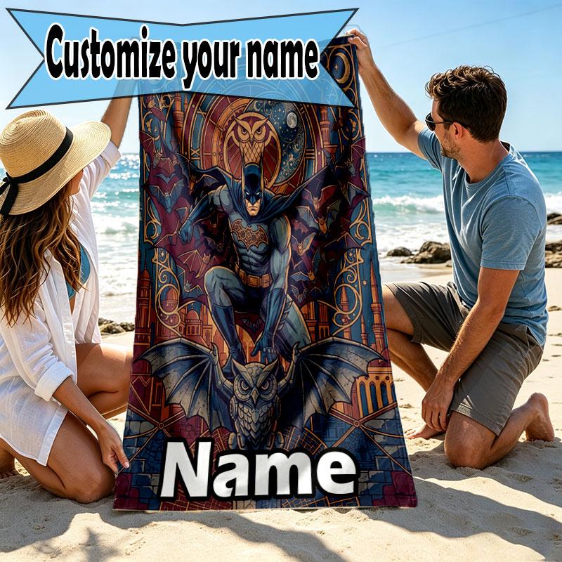 Custom Name Personalized Batman Print Beach Towel, for Trip Camping Beach Party Home Decor, Birthday Gift for Family & Friends