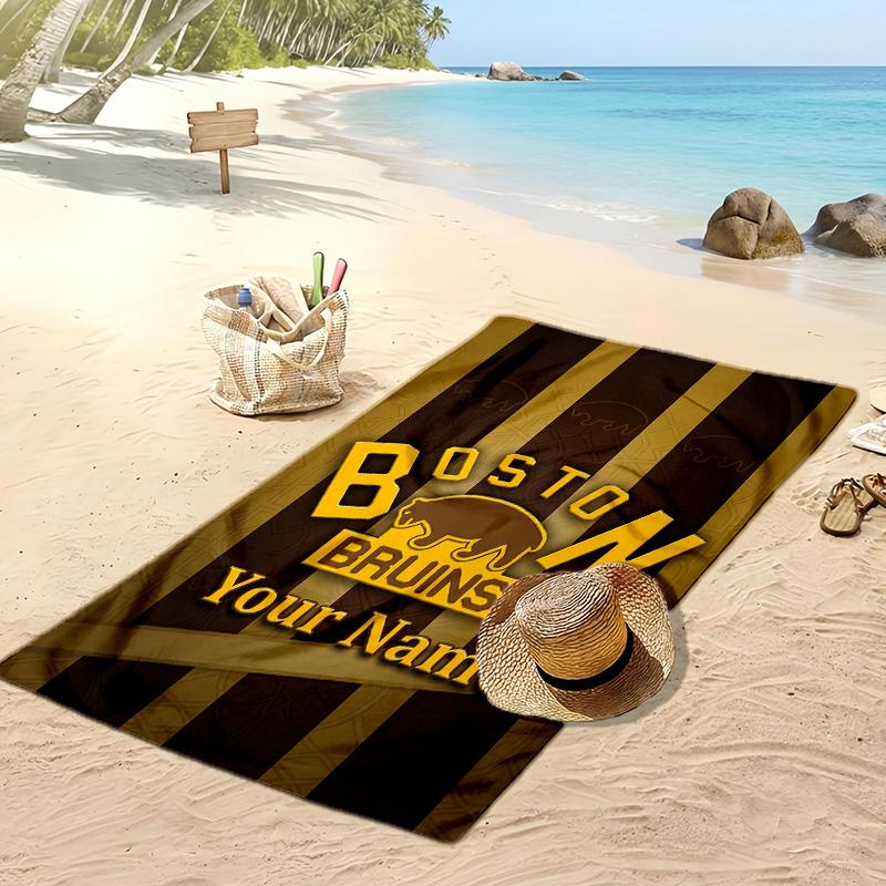 Boston Bruins Custom Beach Towel, Print Your Name Text Lightweight Absorbent Towel for Swimming Travel