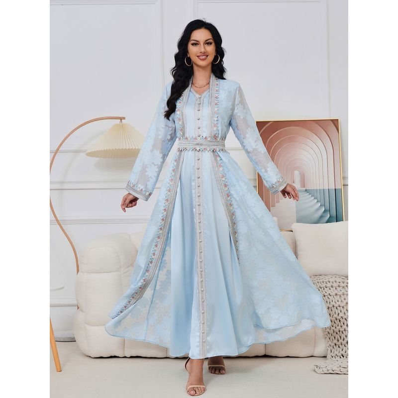 Magic Queen Middle East V Neck Cardigan Base Skirt Two-piece Set Elegant Elegance Hot Drilling Embroidered Dress Dress