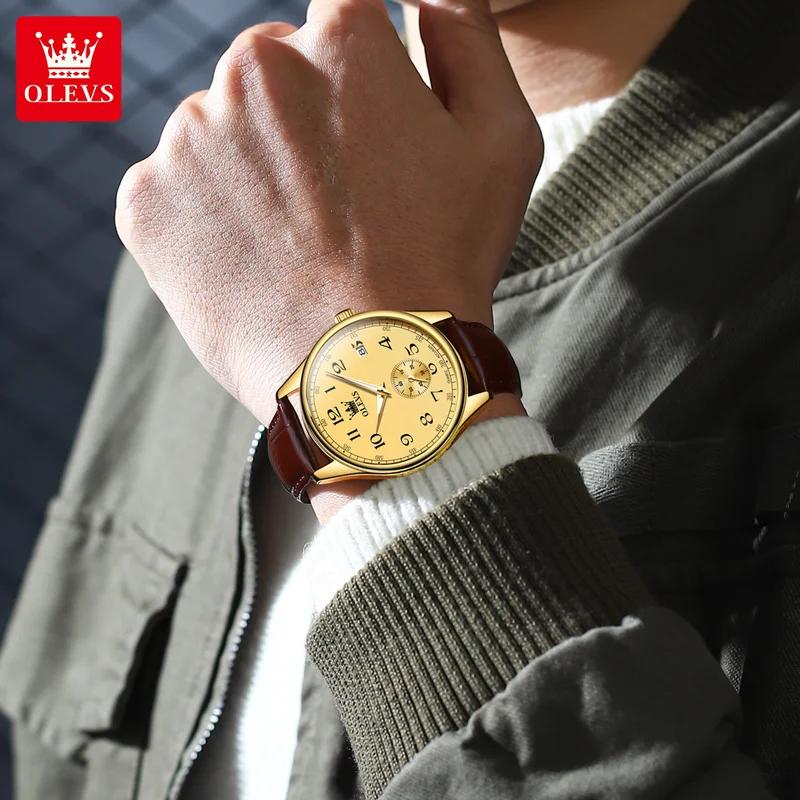 OLEVS Мужские часы кварцевые часы для мужчин кожаный ремешок роскошные деловые наручные часы дата водонепроницаемые арабские цифры маркеры