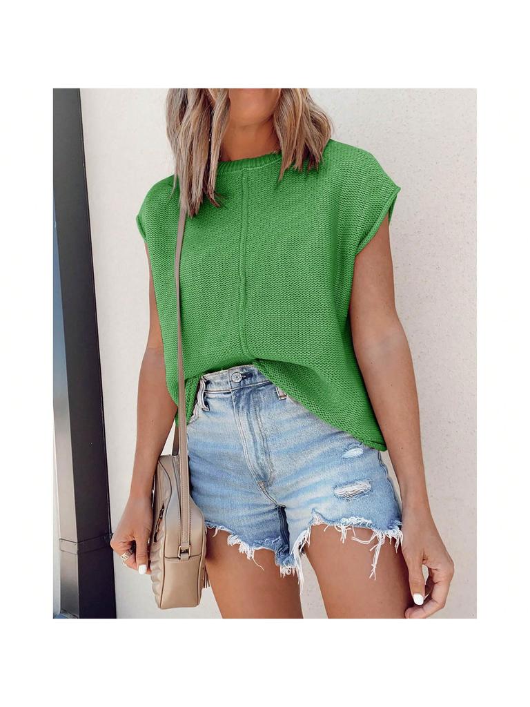 Women's Cap Sleeve Knit Pullover Crew Neck Lightweight Short Sleeve Summer Sweater