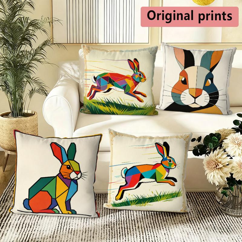Geometric Colorful Rabbit Print Throw Pillow Covers Pattern Cushion Cover Suitable For Sofa Bedroom Car Pillow Cover