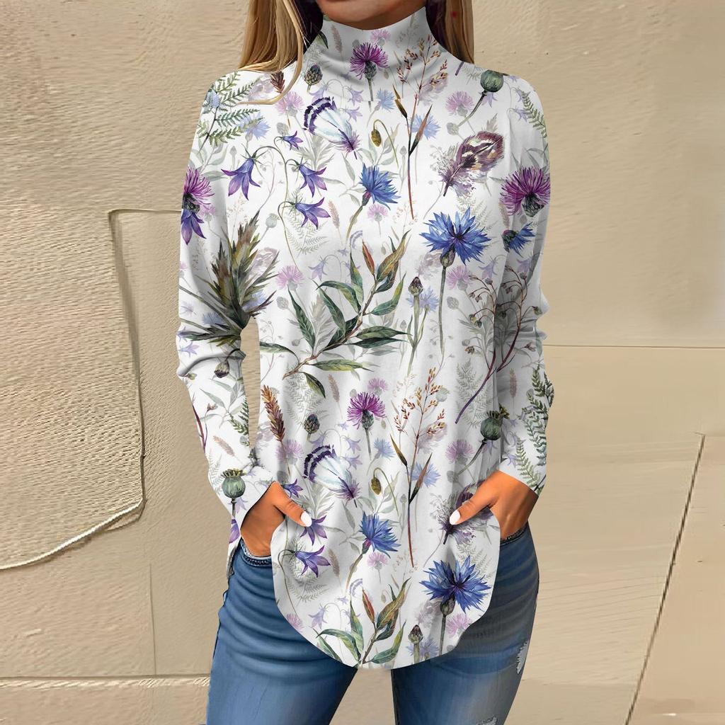 Женская свободная футболка с высоким воротом и длинными рукавами с цветочным принтом в стиле ретро, топ-пуловер