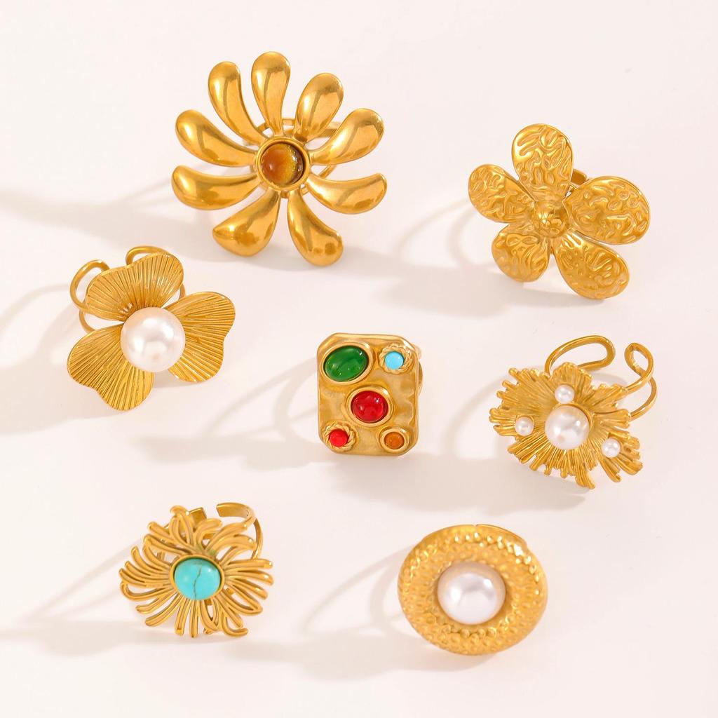 Модное преувеличение универсальное искусственное жемчужное кольцо из нержавеющей стали с цветком для женщин