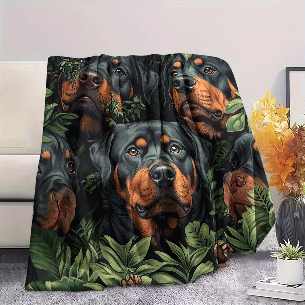 Rottweiler and Leaves,pattern Flannel Blanket, High quality Comfortable for All Seasons, Home Decor, Warmth and Comfort, Perfect for Gifts.