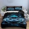 Cyberpunk Neon Blue Hypercar Bedding Set, Futuristic Tunnel Glow Sports Car Front View Print Metallic Cool Microfiber Bed Cover